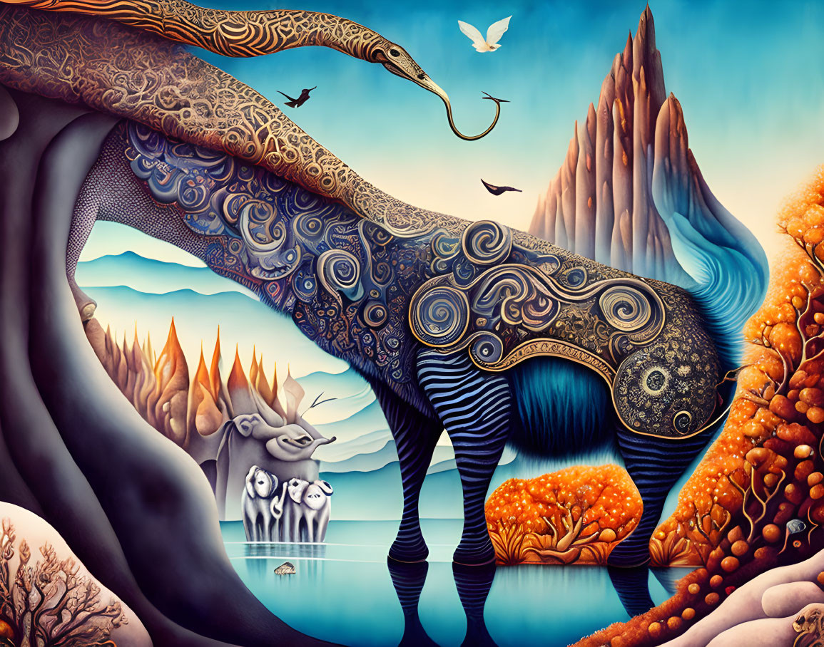 Surreal landscape with ornate elephant-bridge, mountains, fantastical flora, and flying birds