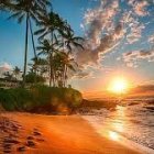 Tropical beach sunset with palm trees, yacht, and colorful sky