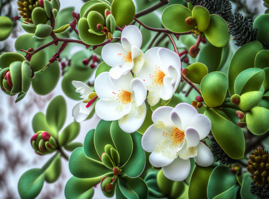 White orchid flowers with green leaves and buds in close-up view.