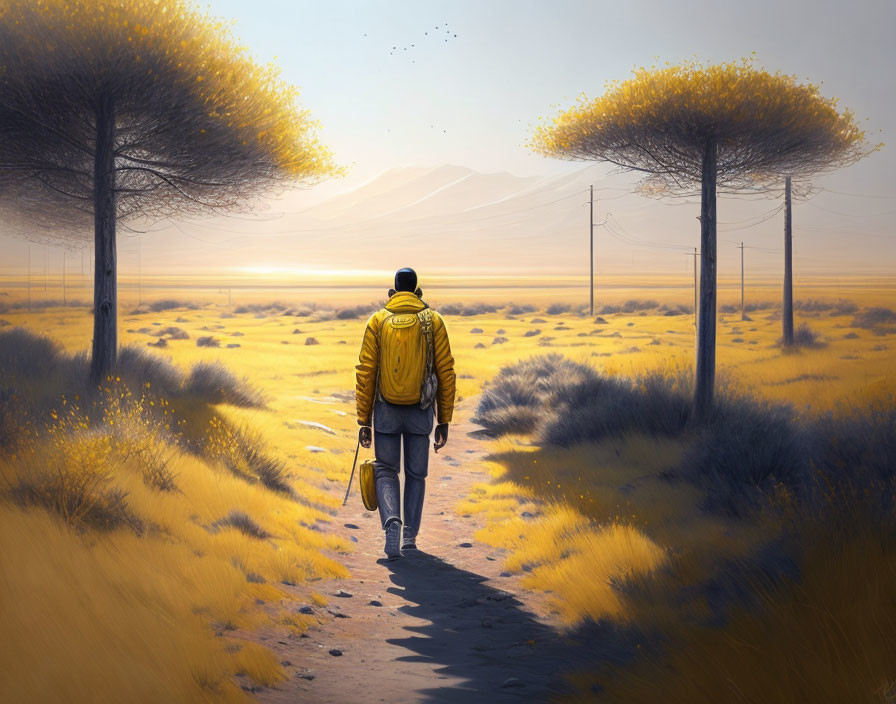 Person in yellow jacket walking through golden field with unusual trees under hazy sky