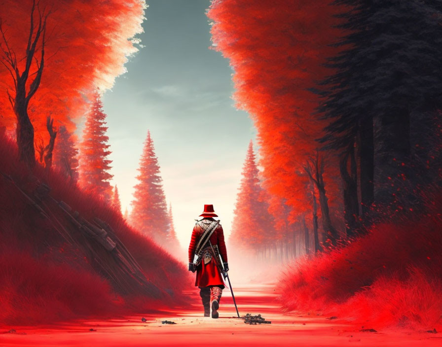 Person in Red Coat Walking Through Mystical Red Forest Path