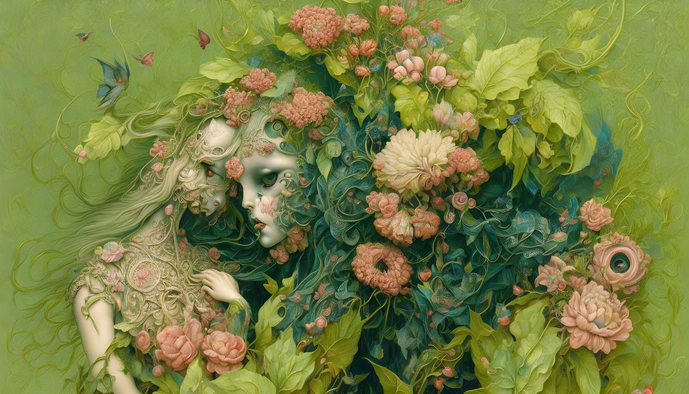 Surreal artwork of woman's face merged with floral patterns and green foliage