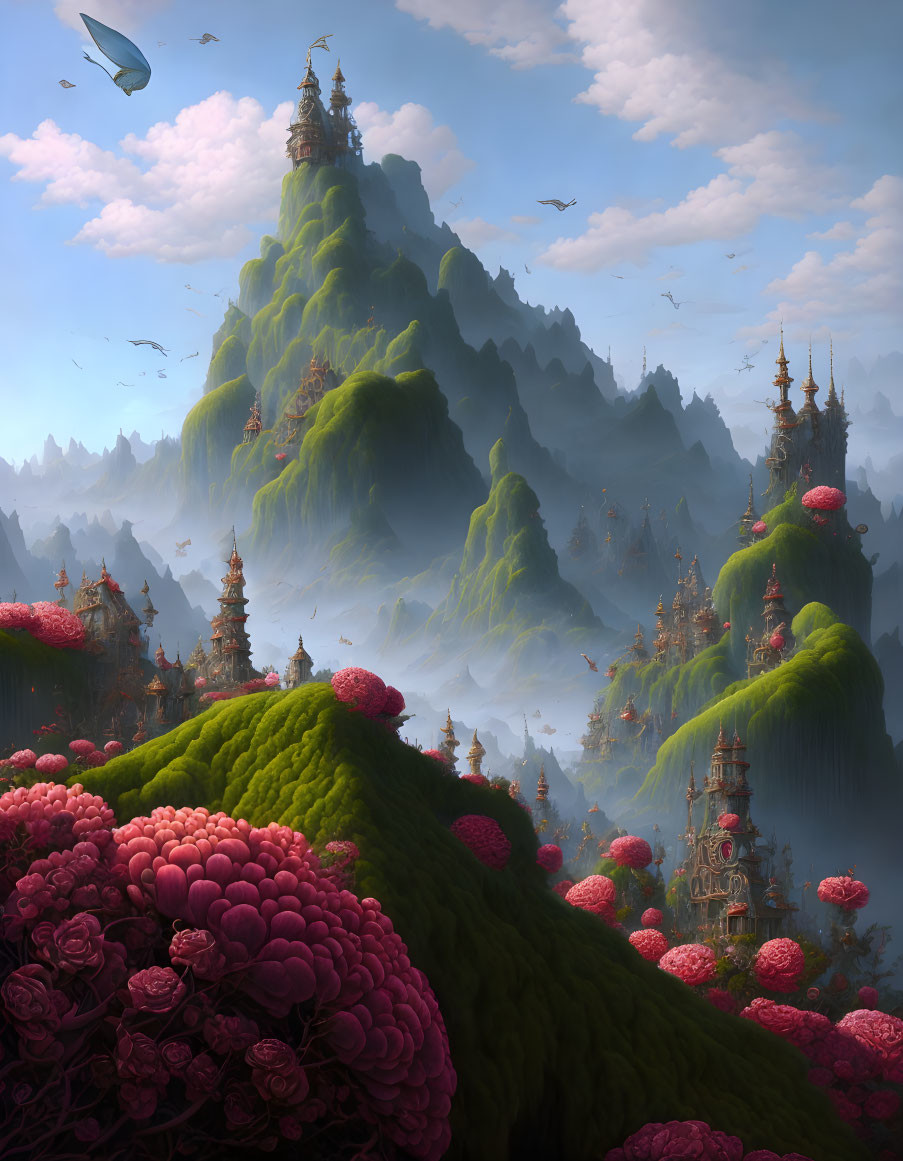 Lush green mountains and ornate towers in fantasy landscape