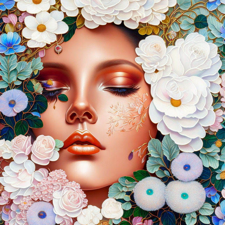 Detailed Floral Frame Surrounding Woman's Serene Face