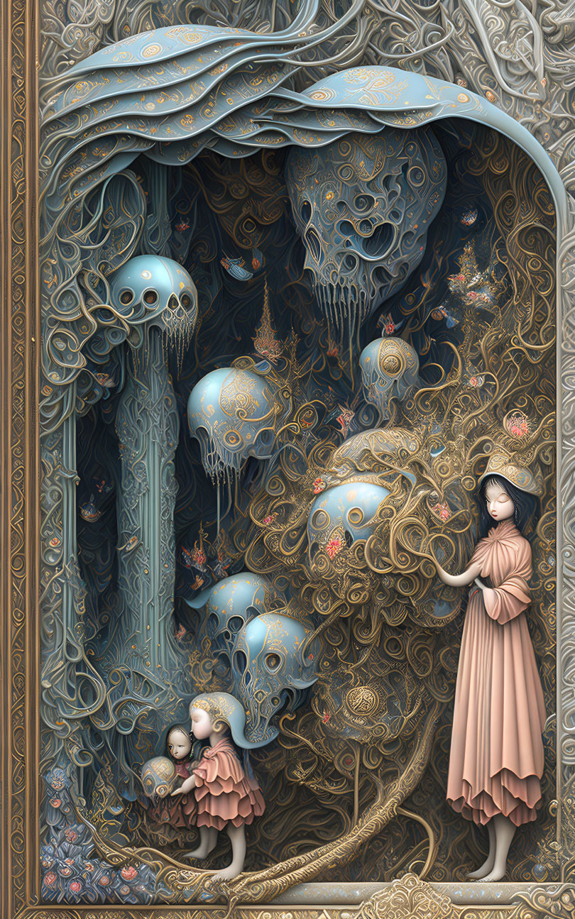 Whimsical artwork of woman and child among surreal jellyfish-like entities