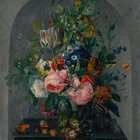 Ornate vase with vibrant flowers, decorative balls on table