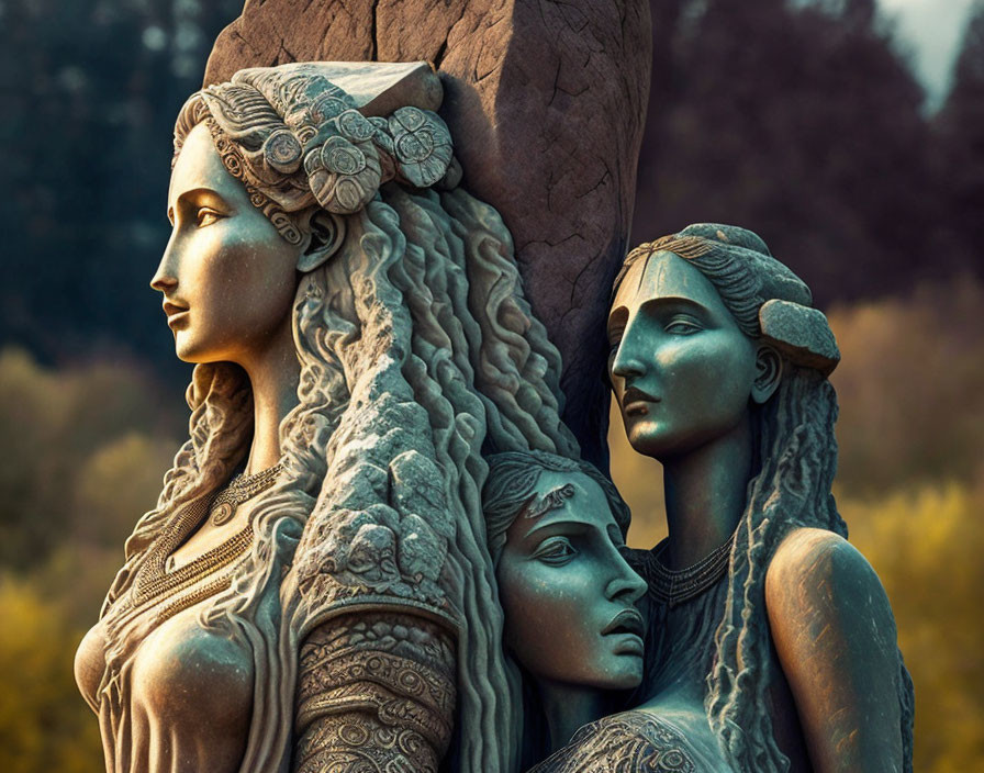 Detailed sculpture of three women's profile faces with classical hairstyles and decorative elements against blurred background