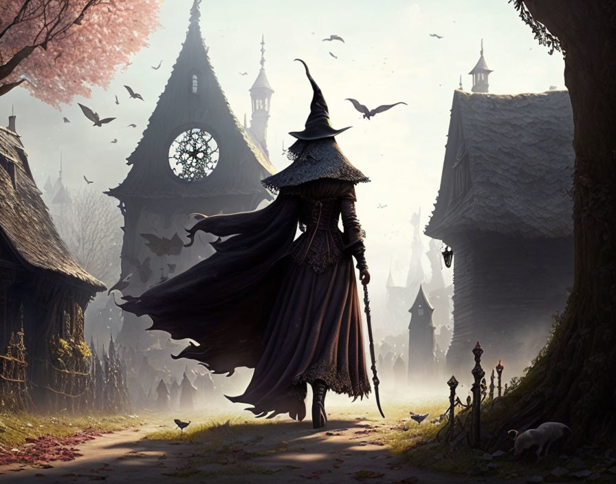 Wizard in cloak with pointed hat approaching gothic village with birds and cherry blossoms