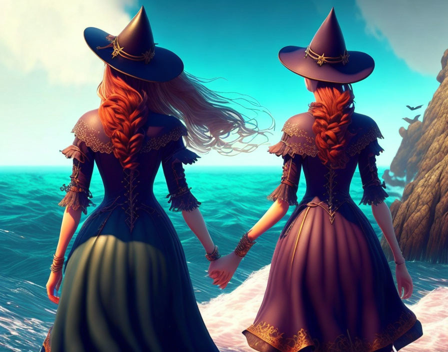 Animated witches with braided hair in pointed hats and long dresses by the sea