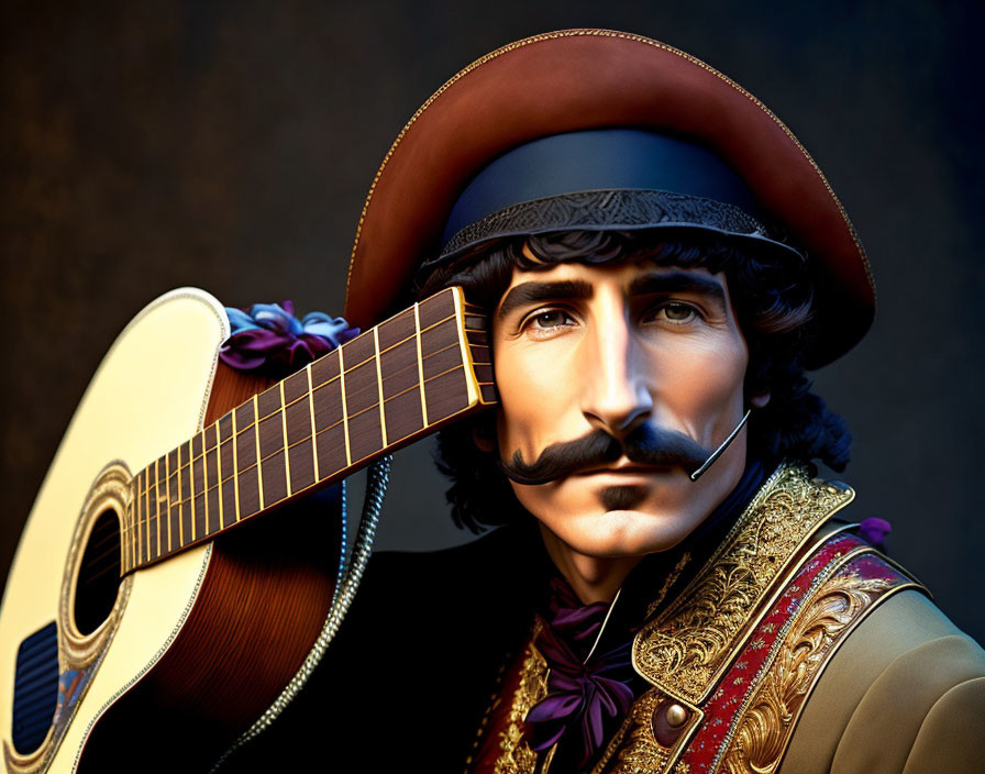 Historical attire man with guitar in stylized 3D illustration