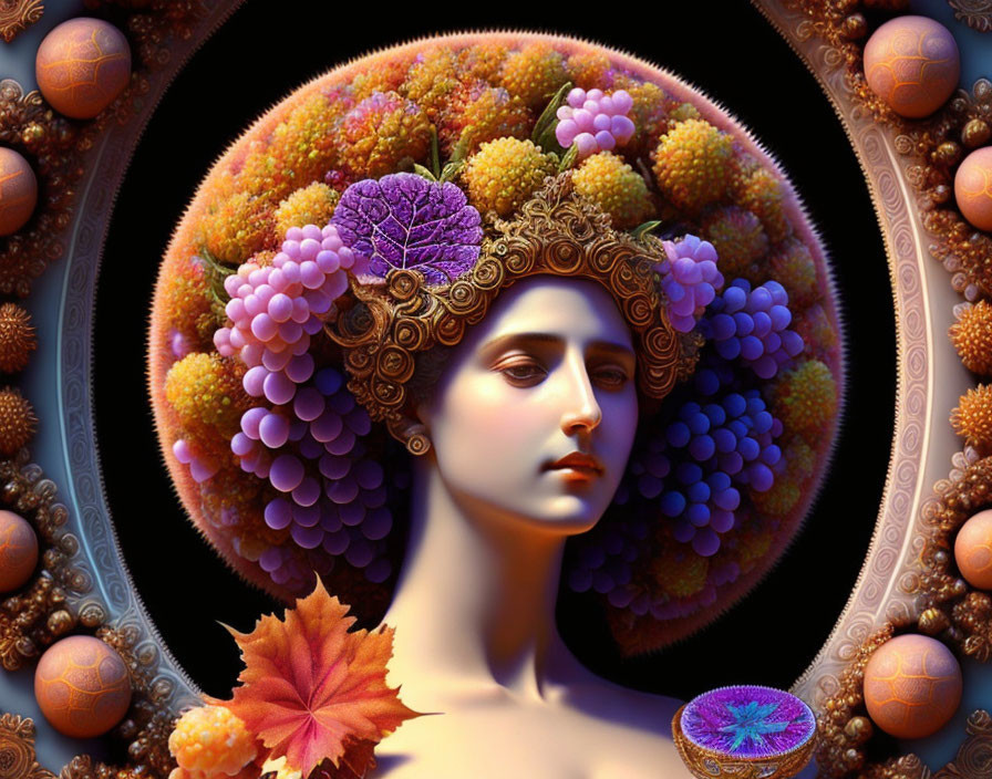 Vibrant fruit and foliage headdress on woman's portrait in digital artwork