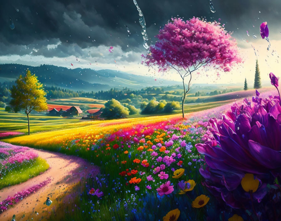 Colorful Blooming Tree and Flower Fields in Stormy Landscape