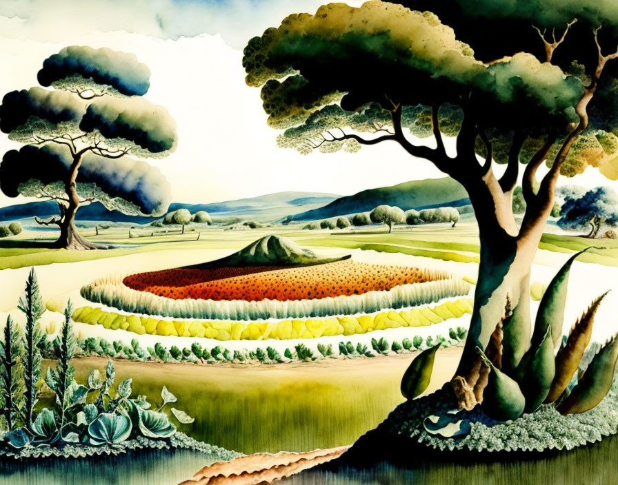 Vibrant stylized painting of lush landscape with rolling farm fields