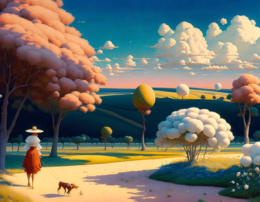 Stylized painting of woman walking dog in surreal landscape