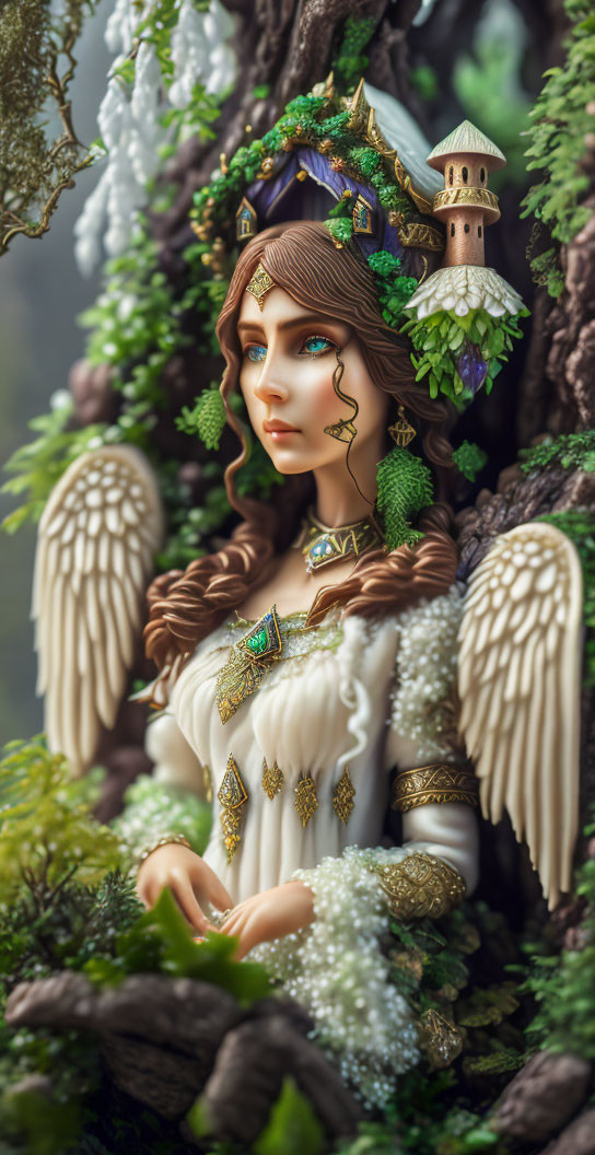 Fantasy illustration of angelic figure in white dress with gold accents, white wings, lush greenery