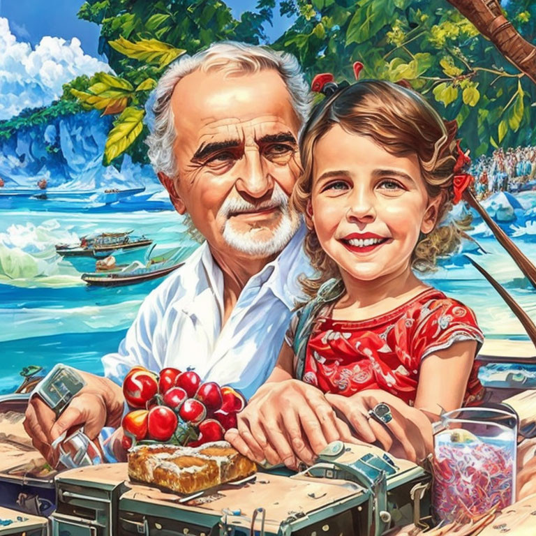 Elderly man and young girl at seaside picnic with fruits and boats