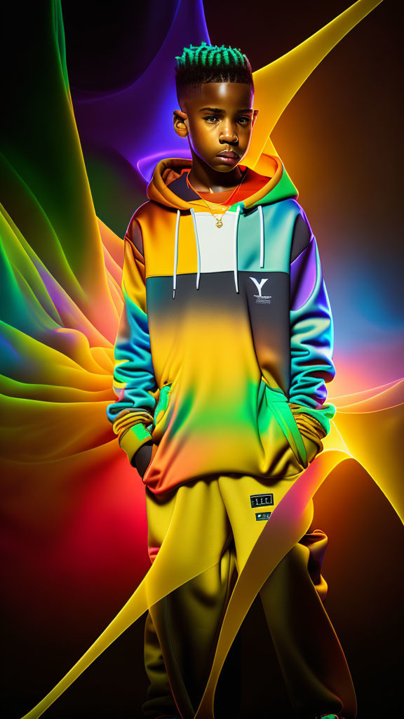 Young individual with high-top fade in vibrant hoodie and neon-lit background