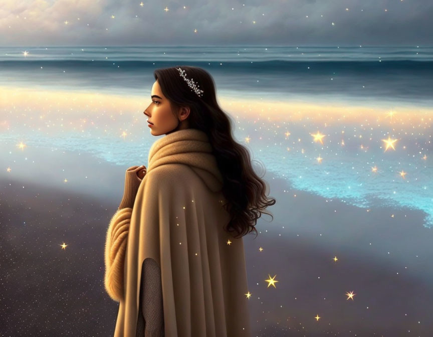 Woman in tiara gazes at sparkly seascape under twilight sky, wrapped in beige cloak.