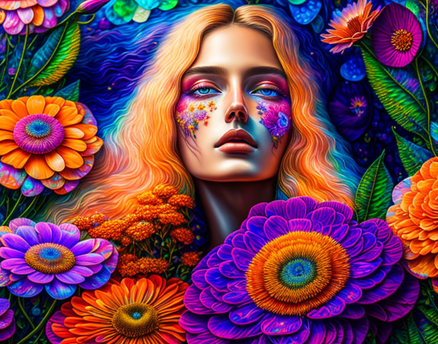 Colorful digital art: Woman with multicolored hair, vibrant flowers, striking makeup.