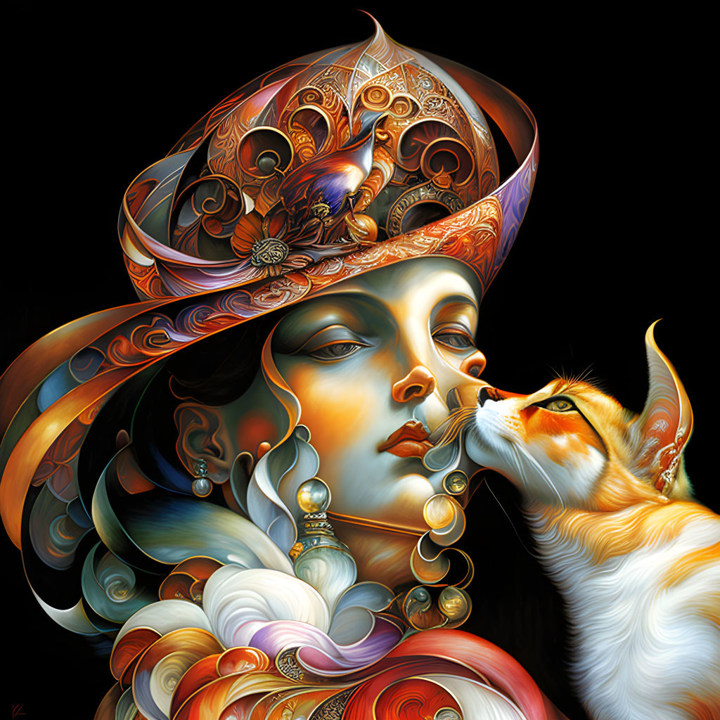 Colorful artwork featuring woman with ornate hat, jewelry, bird, and cat