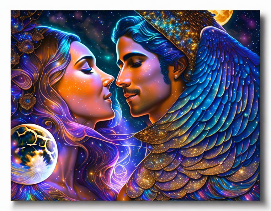 Digital artwork: Woman and winged man surrounded by celestial motifs