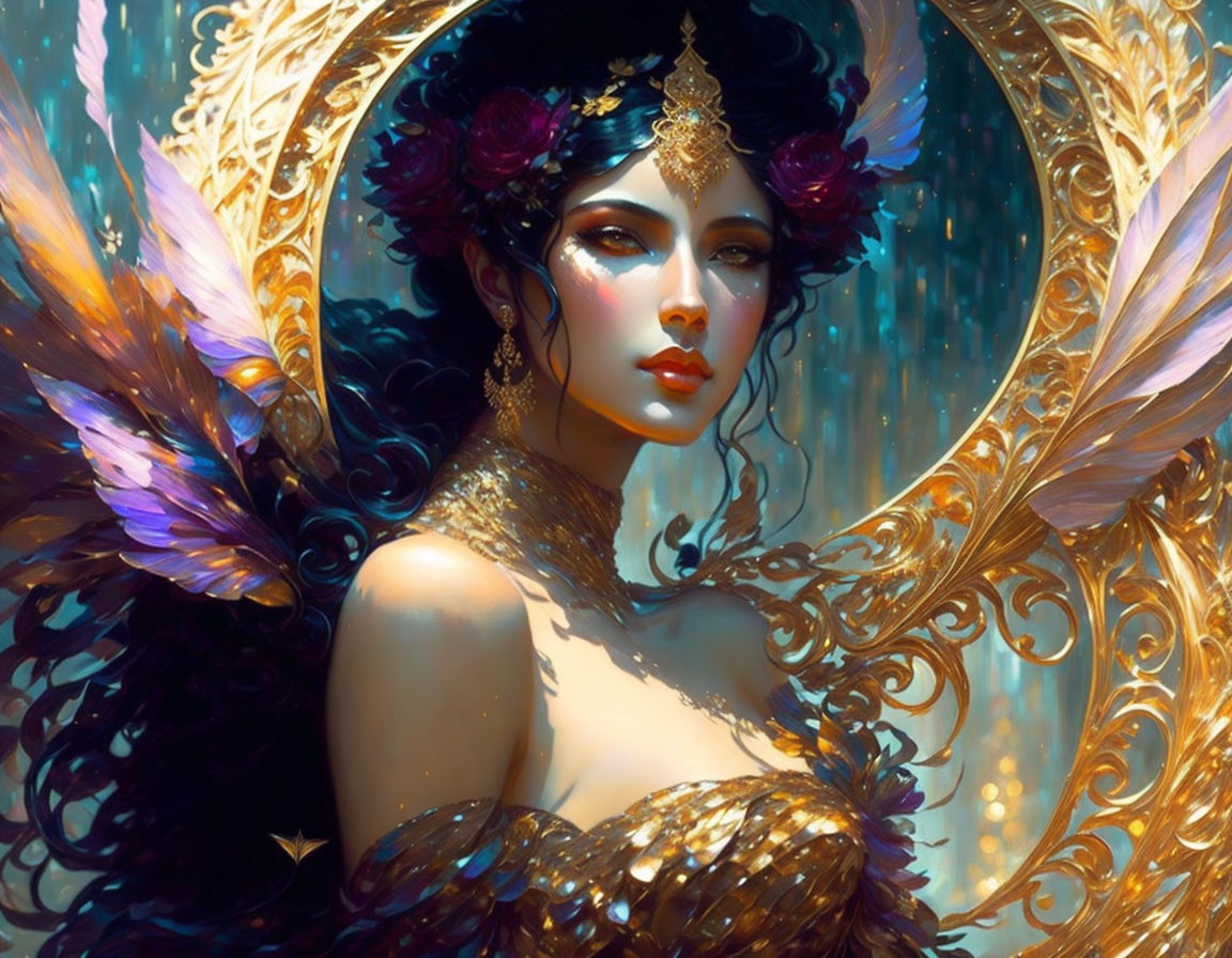 Fantastical portrait of woman with golden jewelry, floral crown, feathered wings, celestial backdrop.