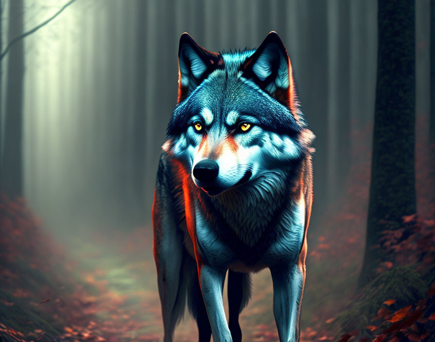 Majestic wolf with piercing eyes in misty forest landscape