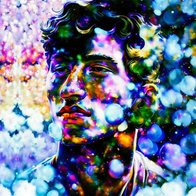 Colorful psychedelic portrait with cosmic patterns and bubbles on starry background