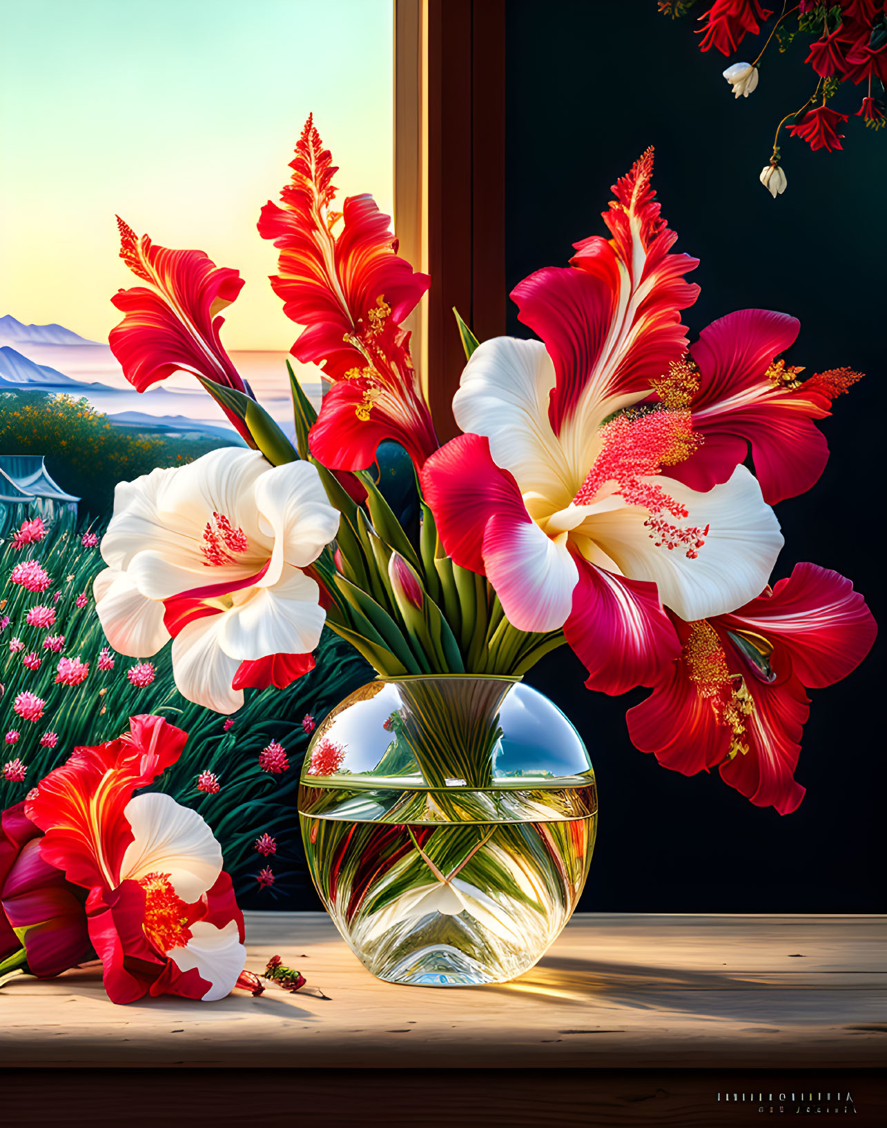 Red and White Flower Bouquet in Glass Vase with Mountain Garden Backdrop