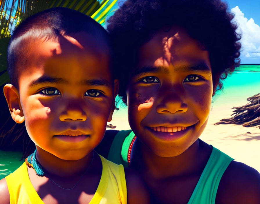 Smiling children on tropical beach with blue skies