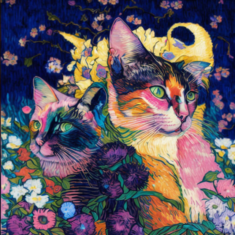 Colorful Two Cats Artwork in Van Gogh Style