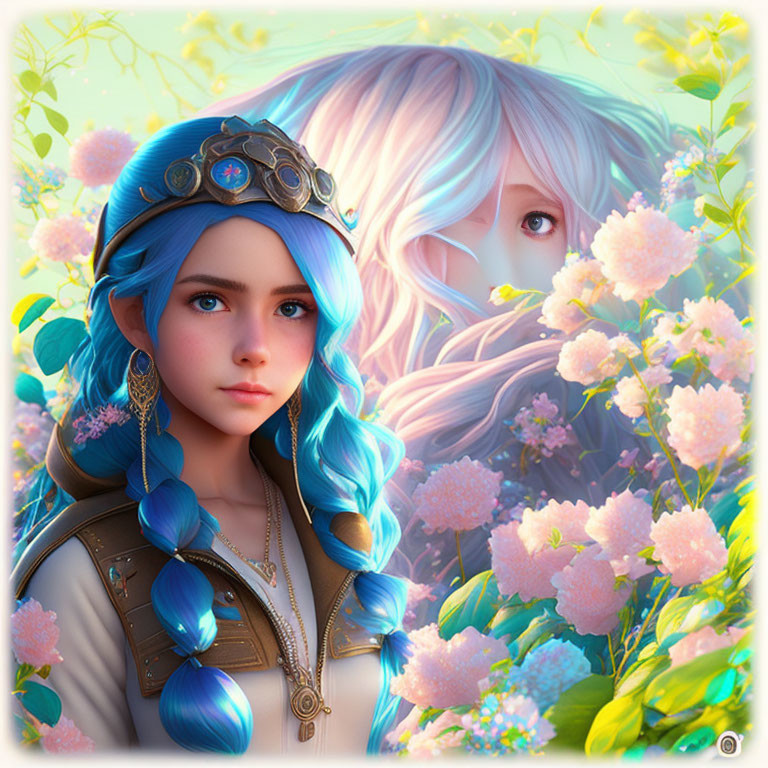 Fantasy illustration of a young woman with blue eyes and braided blue hair among pink flowers