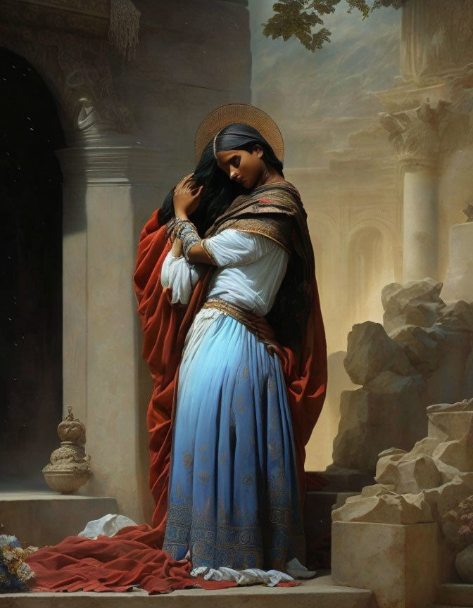 Classical painting of woman in red shawl amid ruins