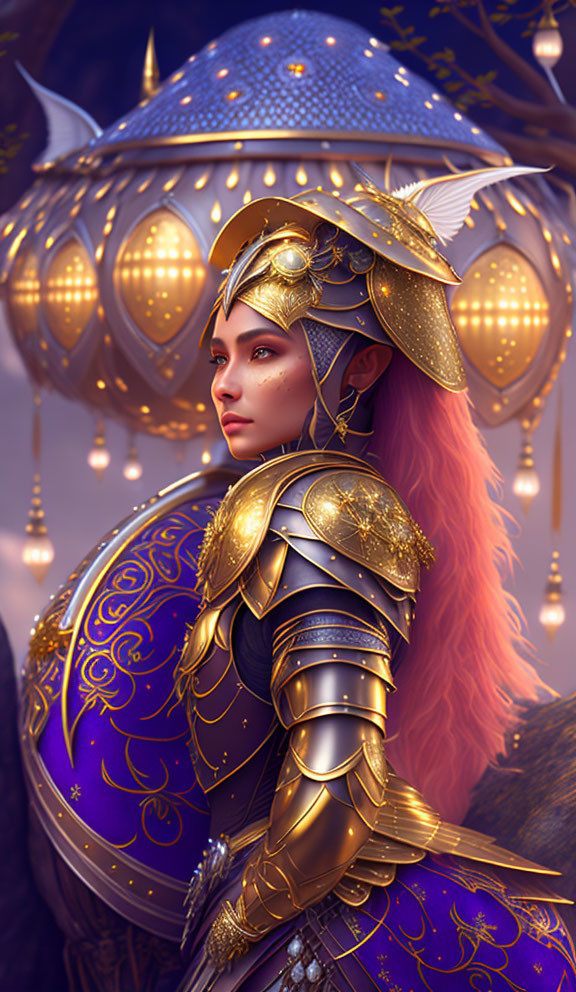 Fantasy warrior in golden armor with red hair and purple cloak.