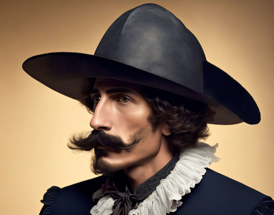 Period Attire Portrait: Large Hat, Mustache, Ruffled Collar