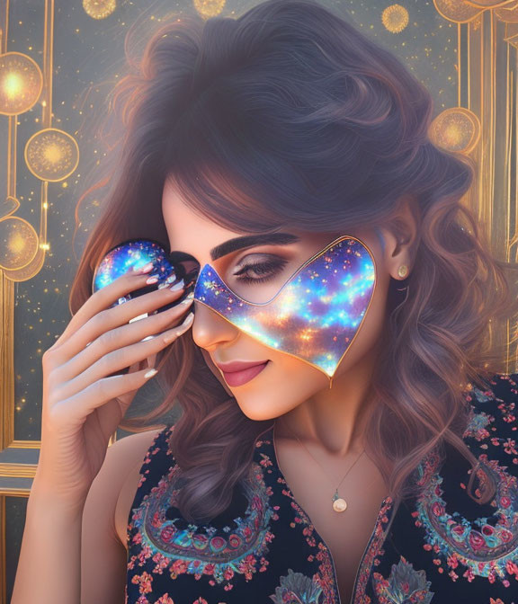 Woman with Wavy Hair Holding Heart-shaped Sunglasses on Golden Sparkling Background