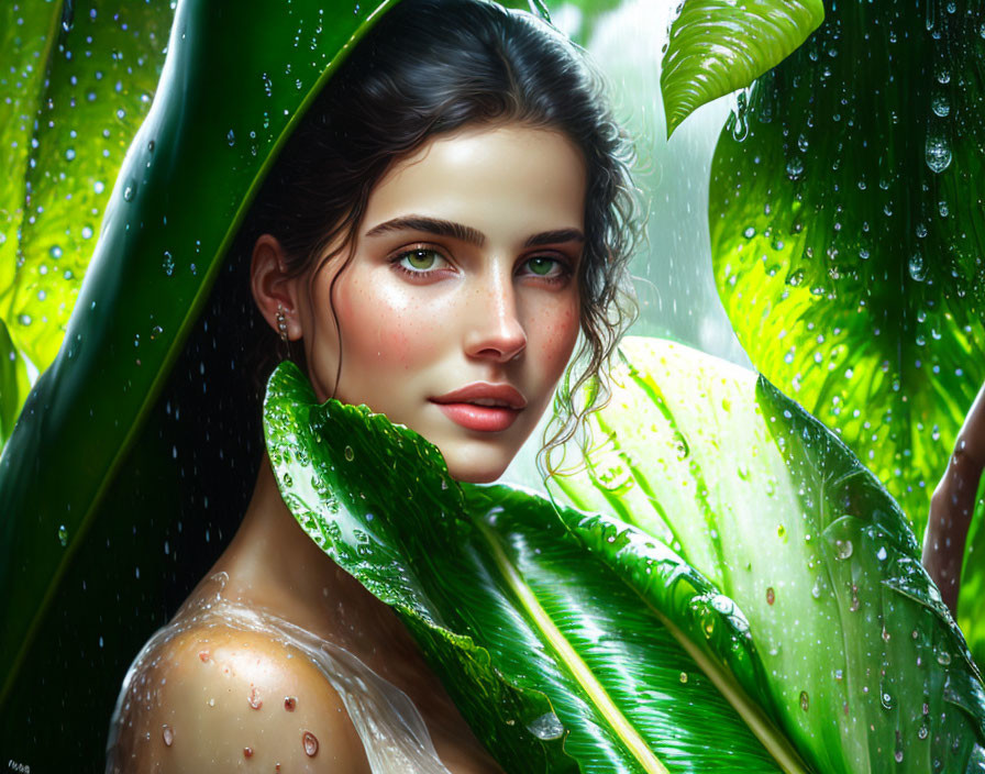 Woman with clear skin and dark hair peeking through lush green leaves with water droplets