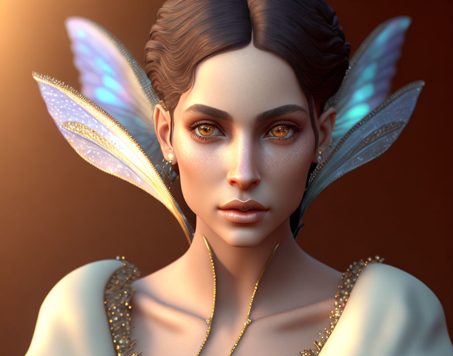 Digital artwork featuring female with iridescent fairy wings and golden eyes