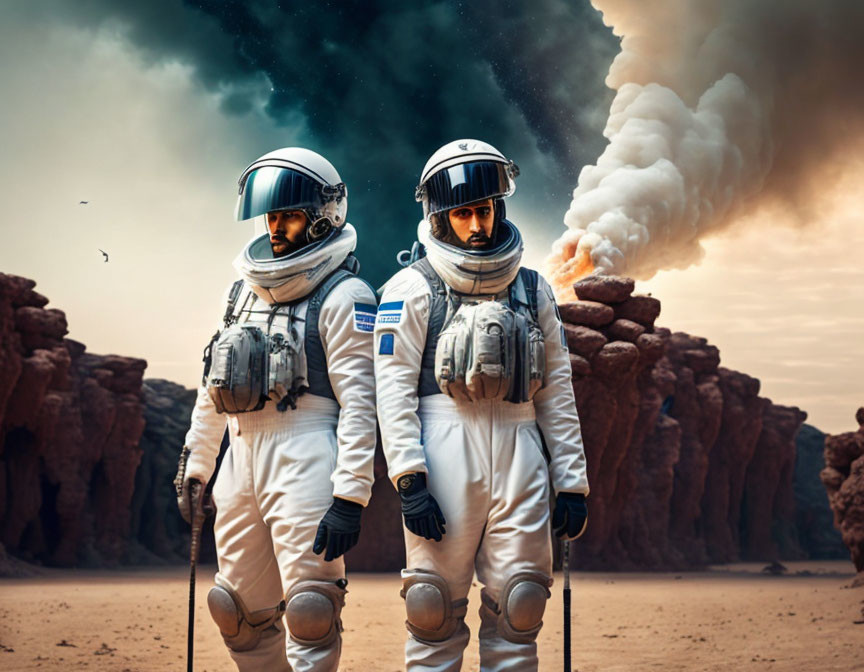 Astronauts in white space suits on rocky terrain with rocket launch smoke.