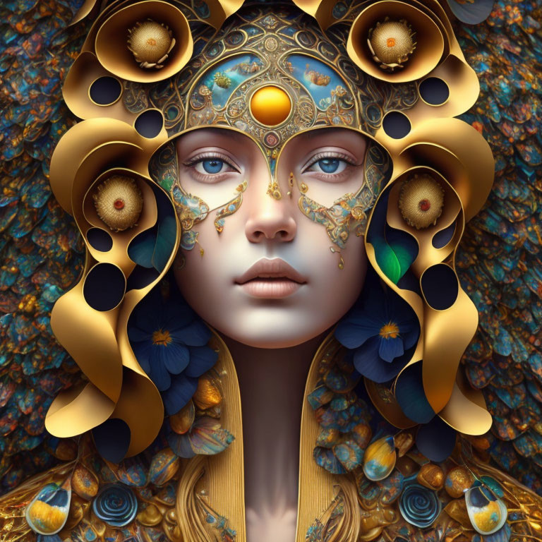 Detailed Illustration: Woman with Golden Headdress & Blue Gemstones