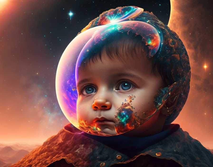 Surreal baby portrait with cosmic helmet and space background