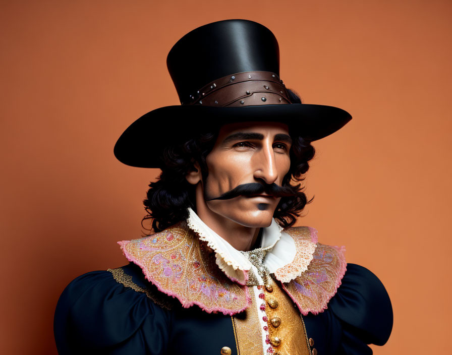 Traditional Cavalier Costume with Elaborate Collar and Handlebar Mustache