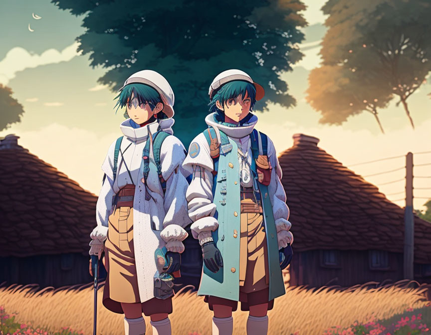 Anime-style characters in white scarves and steampunk outfits in rural landscape.