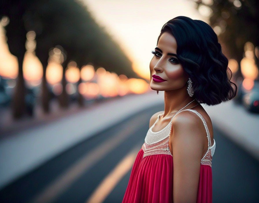 Dark-haired woman in red dress at sunset with city lights.