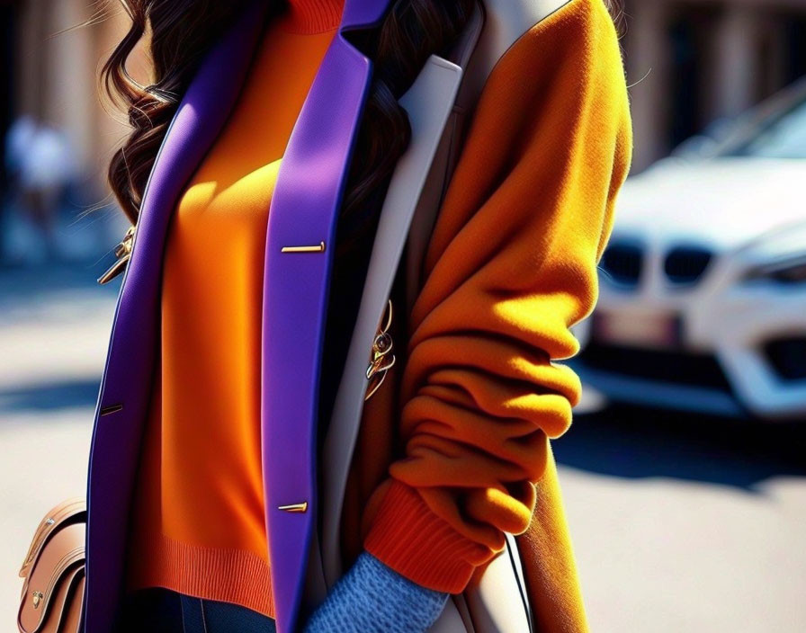 Stylish person in orange blazer with laptop on city street