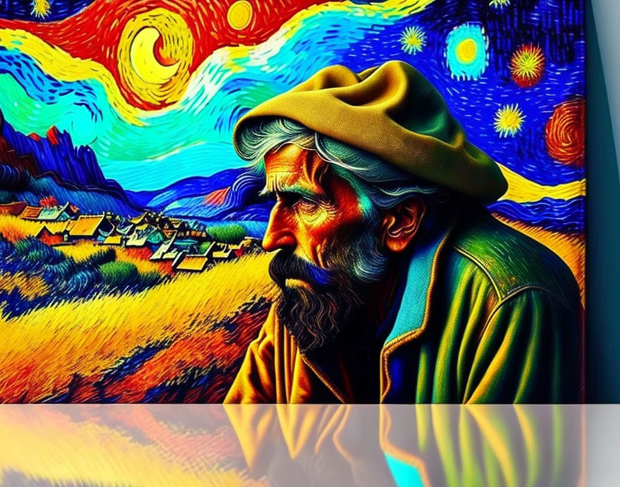 Elderly Man in Beret on Van Gogh-style Swirling Landscape