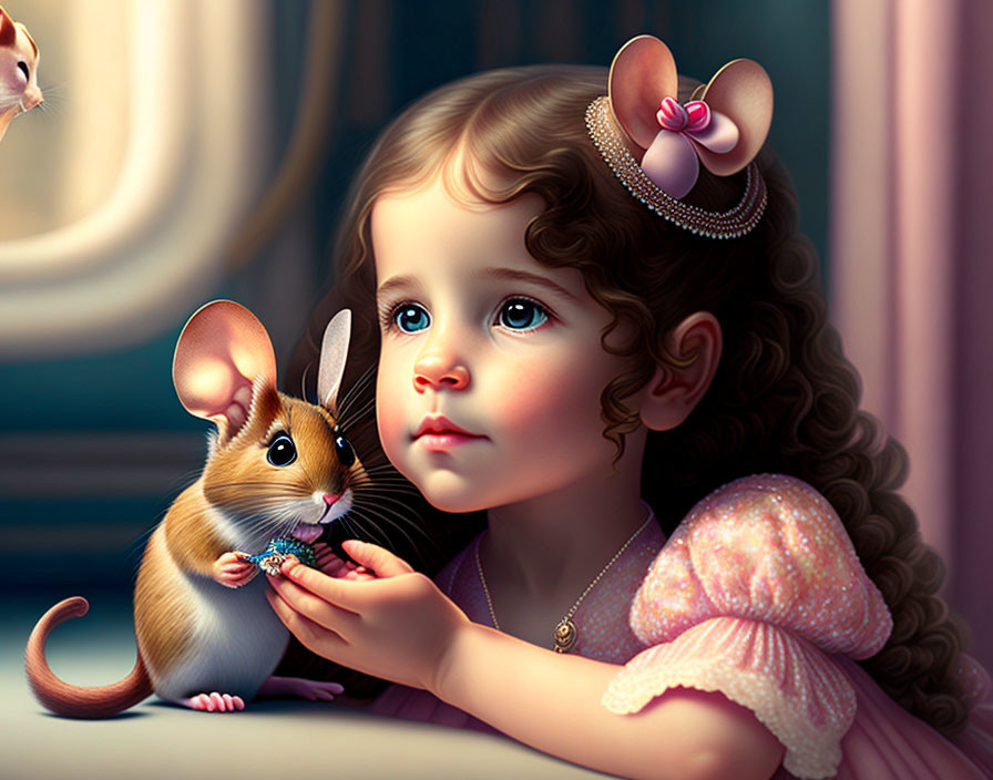 Curly-haired girl with mice and pink bows in fairytale scene