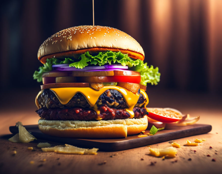 Delicious Double Cheeseburger with Fresh Ingredients on Wooden Board