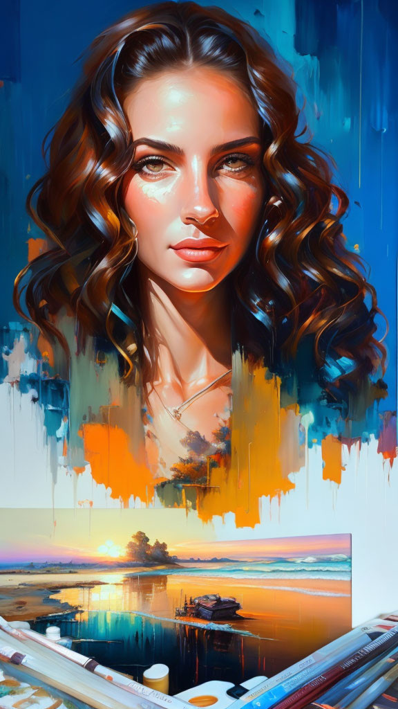 Colorful painting: Woman's face & sunset landscape in open art book