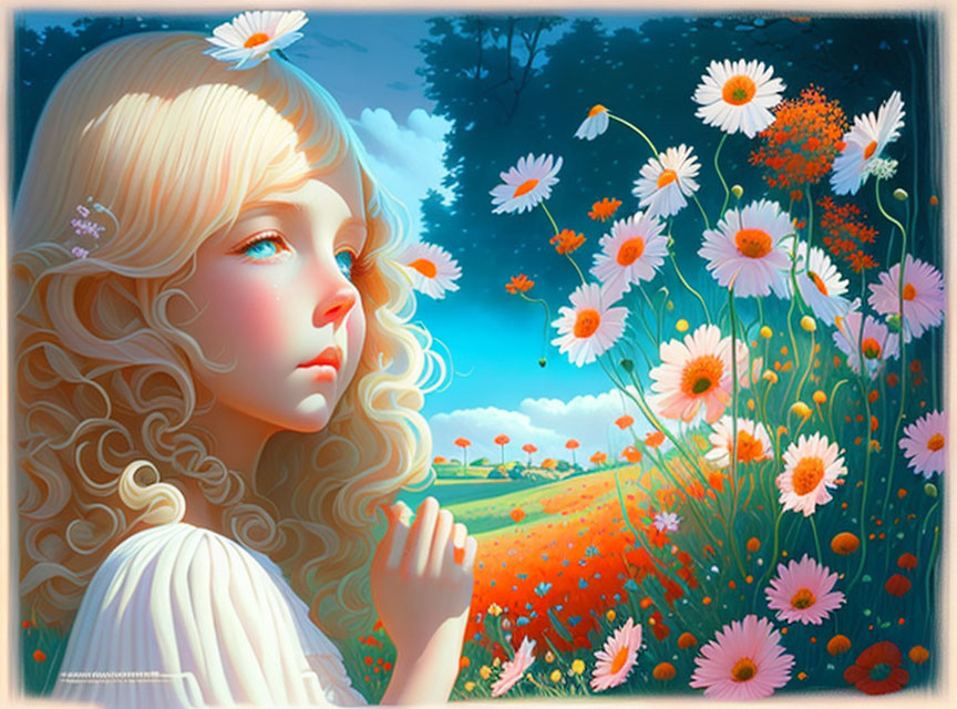 Blonde Girl Surrounded by Flowers Under Blue Sky